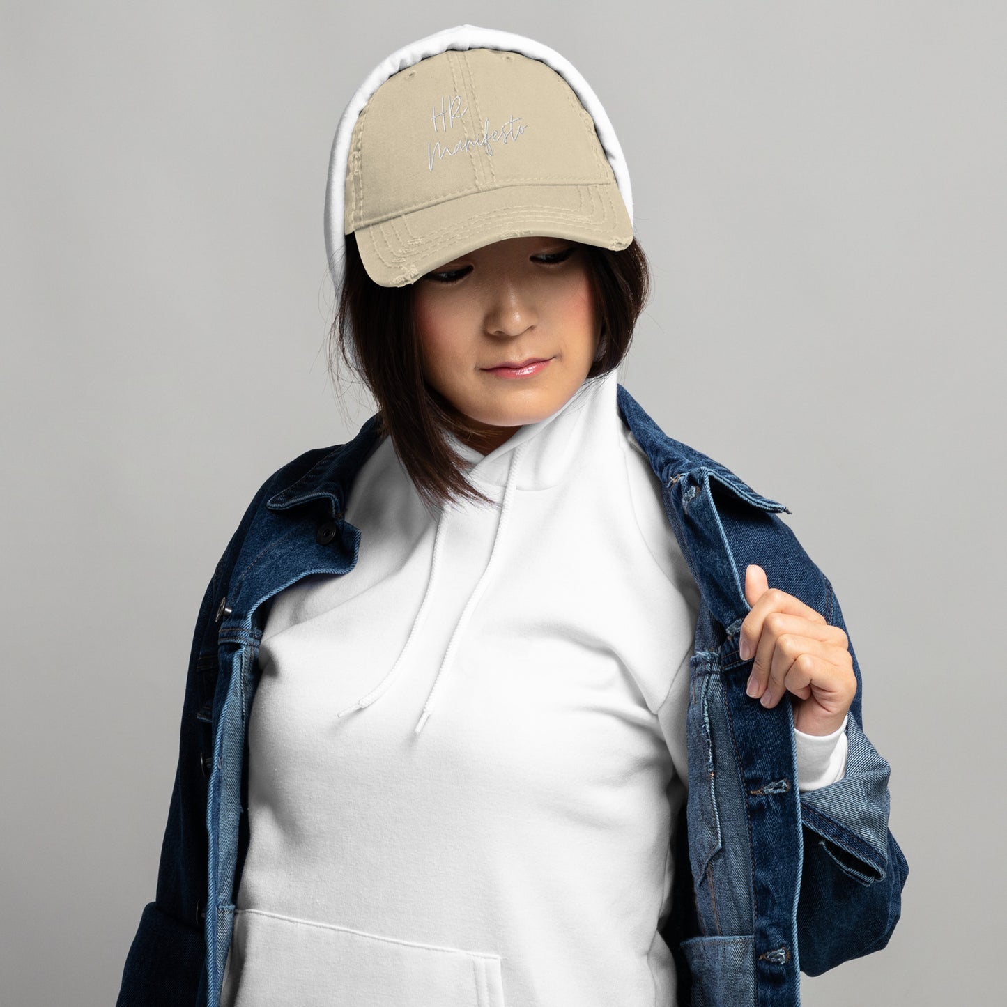 "HRManifesto" Unisex Distressed White Thread Hat